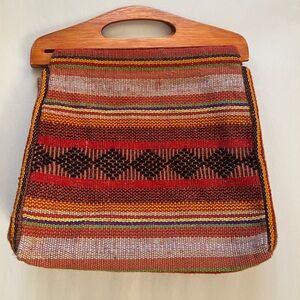 Striped Multicolor Handbag with Wooden Handle